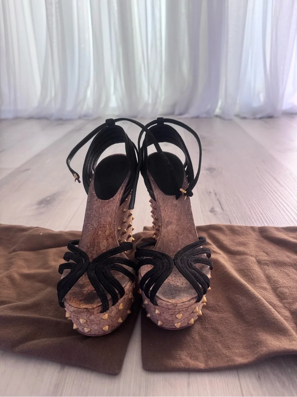 Gucci Black Strappy Cork Platform Wedges with Gold Studs